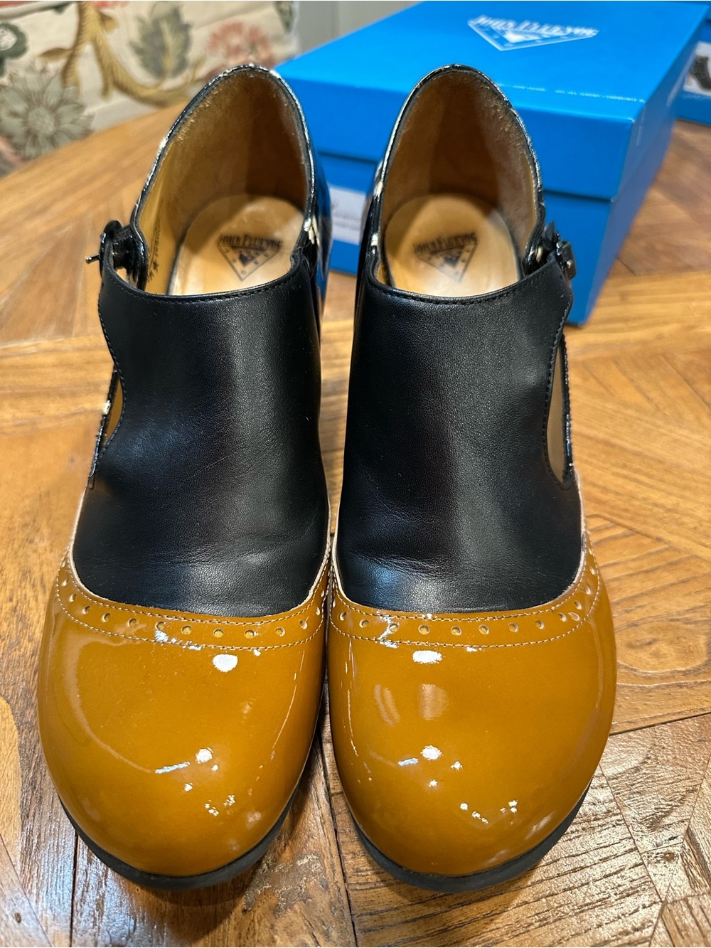John Fluevog Bellevue Ella Baker Black & Mustard Patent Mary Jane Heels